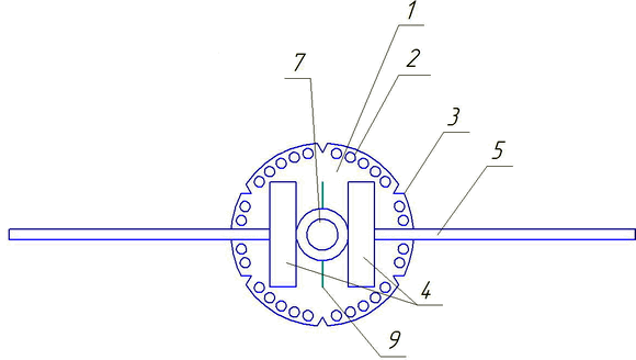 Рис. 1. Устройство для определения индивидуальной носоушной линии  (вид сверху): 1- рентгеноконтрастная самоклеящейся пластинка; 2- отверстия; 3- риски; 4 - крепежные петли; 5 - рейка; 7-винт; 9- направляющая канавка.