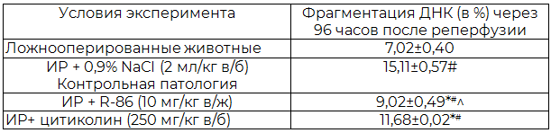 Таблица 2. Влияние производного 3,2'-спиро-пирроло-2-оксиндола (соединение R-86) и цитиколина на фрагментацию ДНК в ядрах нейронов лобных долей коры головного мозга гербел с острым нарушением мозгового кровообращения с последующей реперфузией (М±m, n=6)