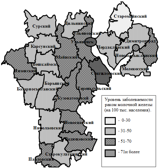 Рис. 3. Средние показатели заболеваемость раком молочной железы среди районов Ульяновской области