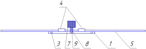 Рис.2 Устройство для определения индивидуальной носоушной линии (вид сбоку): 1- рентгеноконтрастная самоклеящейся пластинка; 3-риски; 4- крепежные петли; 5-рейка; 7-винт; 8-фиксирующий конус; 9-направляющая канавка.