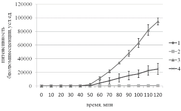 Рис. 1. Интенсивность биолюминесценции штамма E.coli MG1655 pColD-lux при обработке 1,4-диоксид 2,3-хиноксалиндиметанолом в концентрации 2,25*10-5 без протектора и в присутствии препарата «Натто», культивированного в среде, в относительной концентрации 10-11: 1 – контроль, 2 – контроль с протектором, 3 – 1,4-диоксид 2,3-хиноксалиндиметанол, 4 – 1,4-диоксид 2,3-хиноксалиндиметанол с протектором.