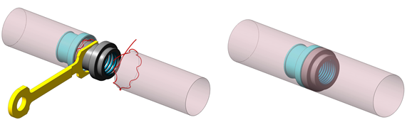 Рис. 2. Устройство установлено на фиксаторе, ограничивающий сжатие пружины, один конец его введен в кишку и завязан кисетный шов (слева). Оба кисетных шва завязаны, после снятия с фиксации, компрессирующие кольца сблизились и сжали кишечные стенки (справа)
